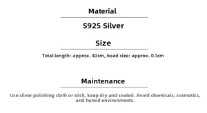 Spécifications détaillées du collier en argent S925 avec dimensions et guide d'entretien
