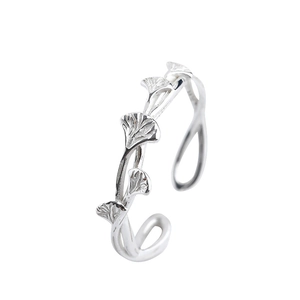 Elegante anello aperto in argento sterling S925 con design a foglia di ginkgo
