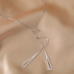 Minimalist S925 silver geometric triangle necklace with adjustable slide bead on satin