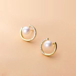 Elegant C-Shape Artificial Pearl Stud Earrings With 925 Sterling Silver Earring Post Copper Gold Plated Zirconia Jewelry For Women