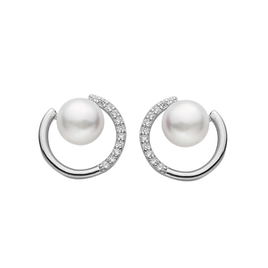 Elegant S925 silver semi-circle pearl stud earrings with sparkling pavé diamond accents