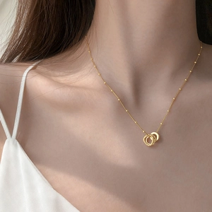 Elegant Copper Gold Plated Interlocking Circle Ring Necklace For Women Geometric Double Ring Pendant Satellite Chain Jewelry