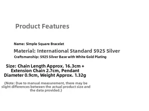 Detailed size specifications for S925 sterling silver square pendant chain bracelet