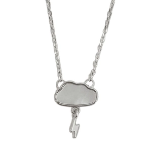 Minimalist white mother-of-pearl cloud and lightning pendant necklace in silver finish