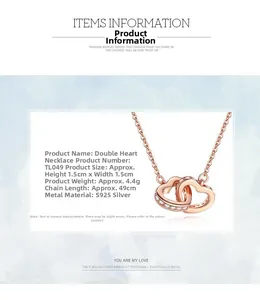 Close-up of interlocking rose gold double hearts necklace with sparkling zircons