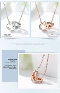 Detail of interlocking double hearts necklace in silver and rose gold finish