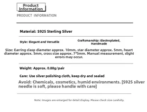 Detailed specifications for S925 sterling silver hoop earrings with star and heart charms