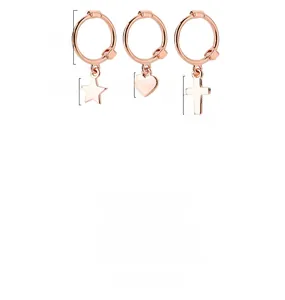 Detailed view of rose gold 925 silver hoop earrings with star, heart and cross charms