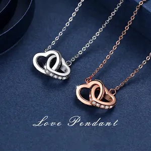 Elegant Copper Double Heart Interlocking Pendant Necklace For Women Rhinestone Inlaid Korean Style Minimalist Clavicle Chain Jewelry Gift