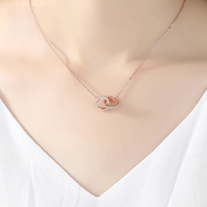 Elegant rose gold double heart interlocking necklace with crystals for women
