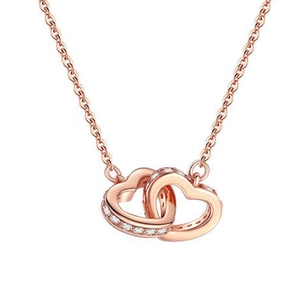 Elegant rose gold interlocking double heart pendant necklace with shimmering crystals