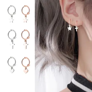 Minimalist Pendant Hoop Earrings Copper Rose Gold Platinum Plated Heart Star Cross Dangle Earrings Women Daily Jewelry