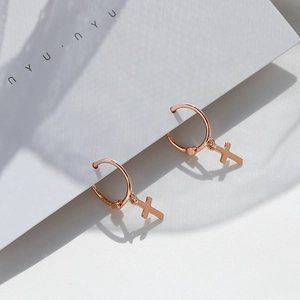 Minimalist 925 silver rose gold hoop earrings with small cross charms on white card