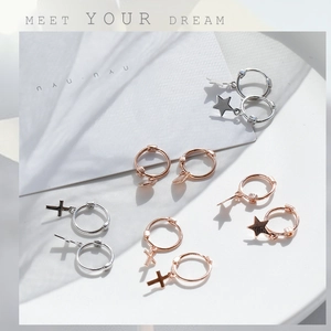 Set of 925 silver cross and star hoop earrings in silver and rose gold finishes