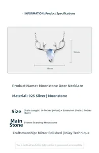 Detailed size chart of S925 silver elk necklace with moonstone pendant and dimensions