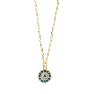 Golden S925 silver necklace featuring a round pavé blue devil's eye geometric pendant