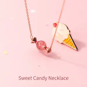 Collier en argent S925 or rose avec cristal de fraise en bonbon et pendentif de glace