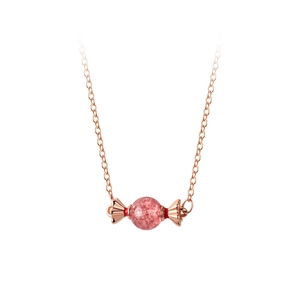 Collier en argent S925 avec pendentif bonbon en cristal fraise rose doré