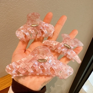 Pink checkered acetate hair claw clips with Love is Forever metal plaque engraving
