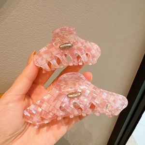 Pink checkered acetate hair claw clips set with vintage gold Love is Forever metal plate