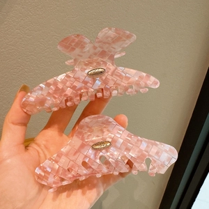 Pink checkered acetate hair claw clips with gold Love is Forever metal plaque