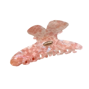 Pink mosaic acetate hair claw clip with Love is Forever metal plaque on white background
