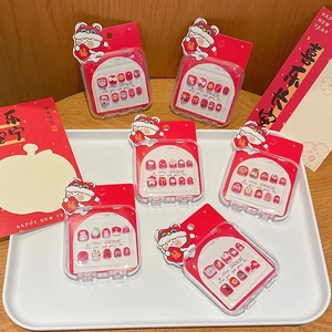 Uñas Postizas Rojas Lindas para Niños Estilo Año Nuevo Hechas a Mano Dibujos Animados Uñas Artificiales para Niñas Decoración Festiva