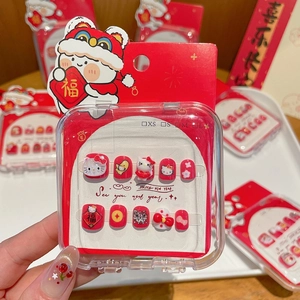 Uñas postizas artesanales de Hello Kitty para niñas, Año Nuevo Chino en rojo