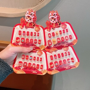 Kids Press On Nails Chinese Style Cartoon Lion Red Fake Nails Children Reusable Festive Manicure For Girls