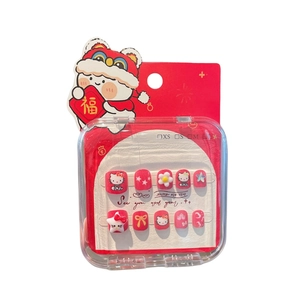 Uñas postizas rojas de Hello Kitty para niñas con diseños festivos de Año Nuevo Chino