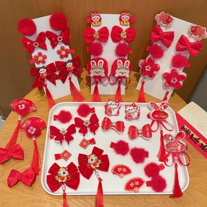 Chinesischer Stil Kinder Haarklammern Rot Neujahr Haarschmuck Für Mädchen Stoff Bogen Quaste Pompon Blume Festival Kopfschmuck