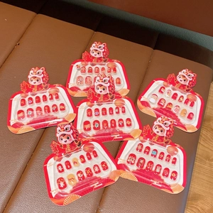 Reusable red lion dance kids press-on nail sets with Chinese New Year festive patterns