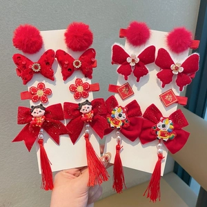 Chinesisches Neujahrs Haarspangen Set für Mädchen mit roten Pailletten und Quasten