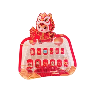 Kids reusable New Year theme press-on nails with red lion dance and gold coin patterns