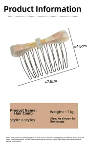 Detail view of bow hair comb showing size 7.5cm width and green marble texture