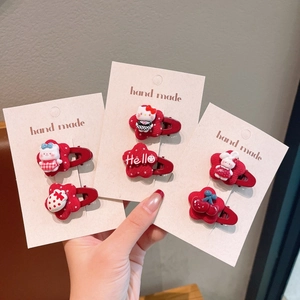 Handmade Red Cartoon Hair Clips For Kids Girls Cute Resin Rabbit Bear Cherry Design Polka Dot Fabric Flower Hair Accessories
