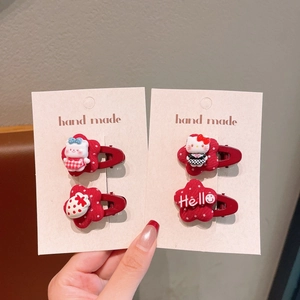 Red cartoon cherry hair clips set with cute cat and strawberry icons for kids