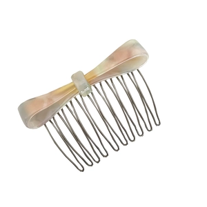 Elegant 12-tooth metal hair comb with pink marble pattern acetate bow hair accessory