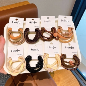 Women High Elastic Hair Ties Ponytail Holders With Bowknot Beads Braided Earth Tone Fabric Hair Bands For Daily Office