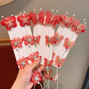 Barrettes Cheveux Papillon Rouge Brodé Pour Enfants Avec Longs Glands De Künstliche Perles Imitation Accessoires Cheveux Style Chinois