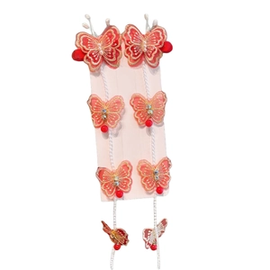Barrettes papillon rouges festives avec broderie dorée et glands de perles pour filles