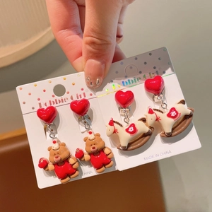 Cute red heart earrings set with cartoon bear and rocking horse for girls