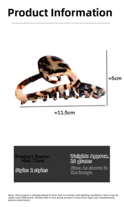 Detail view of large acetate hair claw clip with leopard pattern and 11.5cm size markings