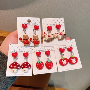Detailed set of cute cartoon resin clip-on earrings in red for girls with diverse shapes