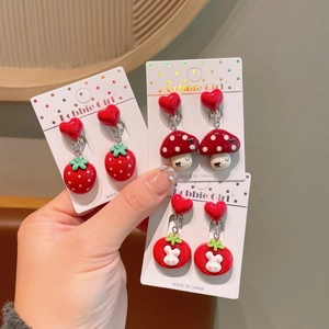 Detailed set of cute red clip-on earrings with mushroom, strawberry and bunny motifs