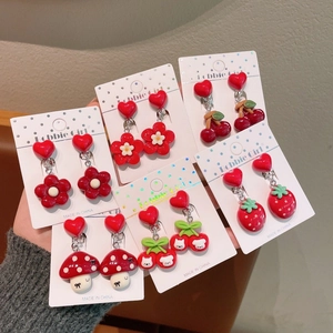 Cute Korean style cartoon red heart and strawberry ear clips set for little girls