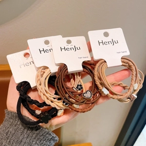 Lot d'élastiques à cheveux café avec pendentifs fleurs et strass brillants