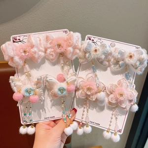 Traditional Ancient Style Hanfu Butterfly Hair Clips With Tassel Faux Fur Pom Poms Embroidered Flower Hair Pins For Kids Girls Hair Accessories