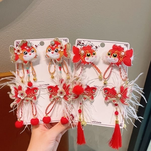 Chinese Style Goldfish Embroidery Hair Clip With Feather Tassel For Girls New Year Celebration Festive Hair Accessories Cloth Artificial Pearl Rhinestone Hairpin