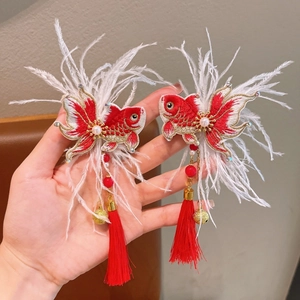 New Year Red Goldfish Hair Clips with Embroidery, White Feathers and Tassels for Girls